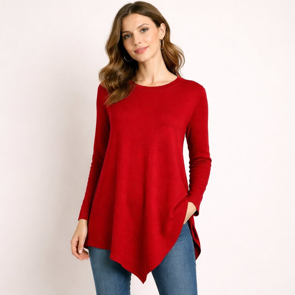 Christopher & Banks Sweater Women's M Red Long Sleeve Long Angled Bottom